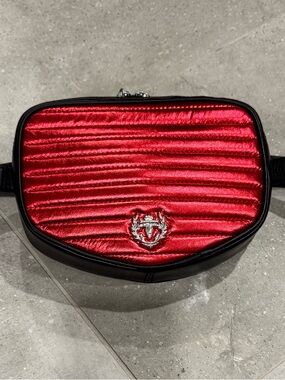 Quilted Red Satin Rudsak Belt Bag with Silver Crest